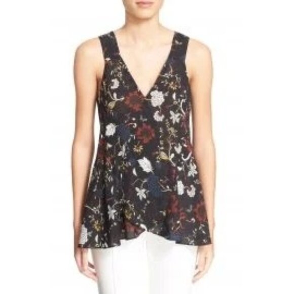 A.L.C. Womens Floral Sleeveless V-Neck Top Size 10 Black Multicolor Lightweight - Picture 1 of 7